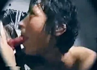 Awesome brunette with short hair gets sweaty while blowing a dog