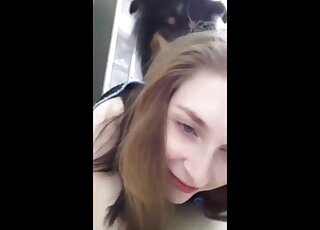 Pretty-faced Russian 18-year-old is always happy to fuck her pet