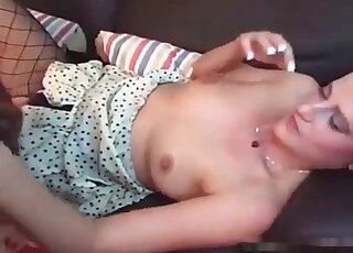 Kinky MILF in nice stockings let her dog join while masturbating