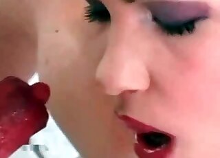 Slutty brunette plays with her pussy while suckiing hard dick of a dog