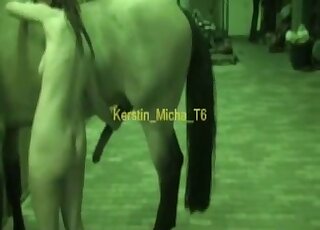 Redheaded zoophile in a red top is ready to get fucked on a bed